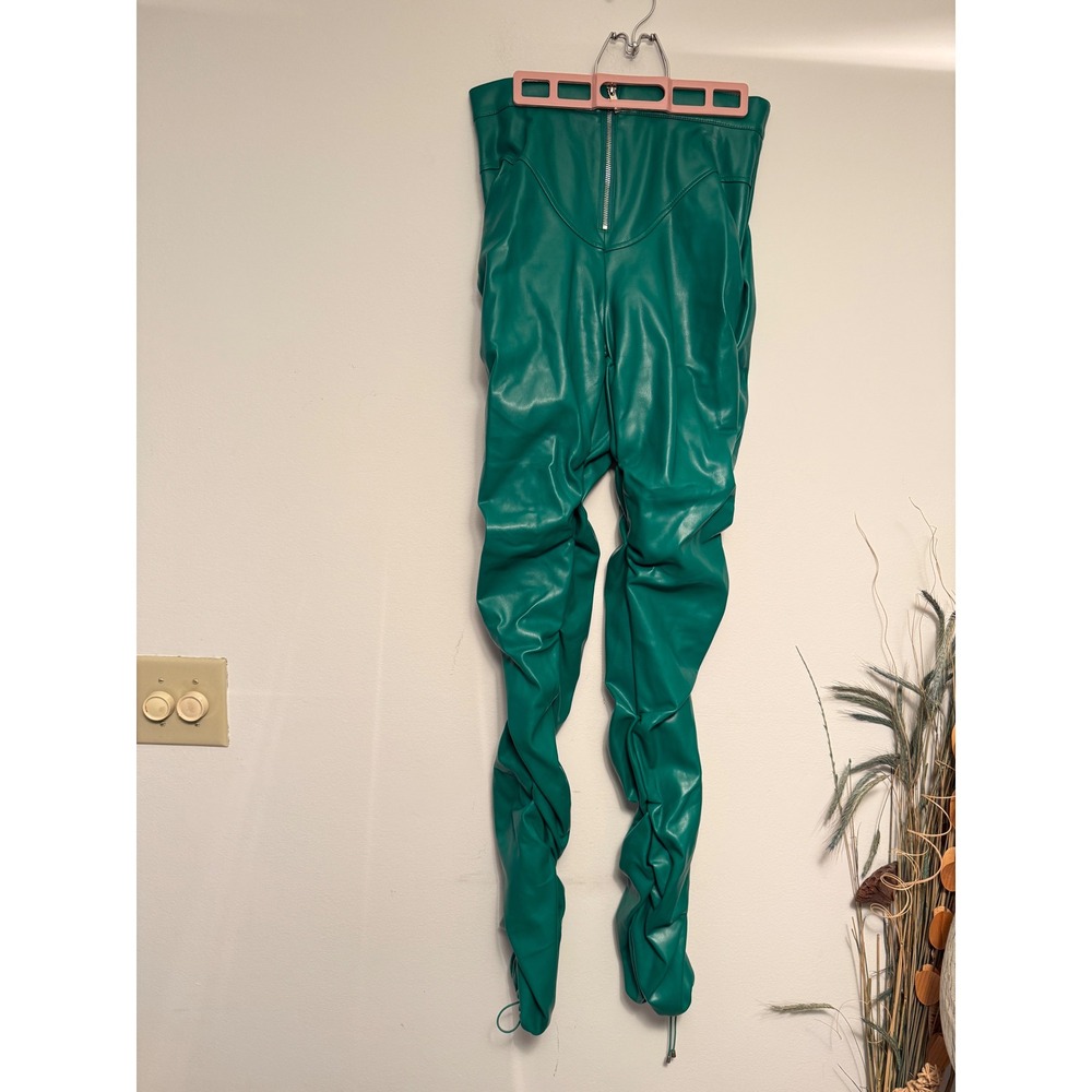 Maniere De Voir Womens Green Ruched Stacked Vegan Leather Pants US 6 High Waist